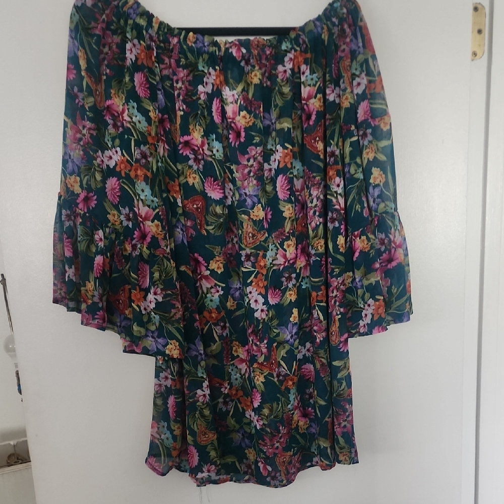 Jessica Simpson Sheer Floral Swim Coverup - Green and Pink
